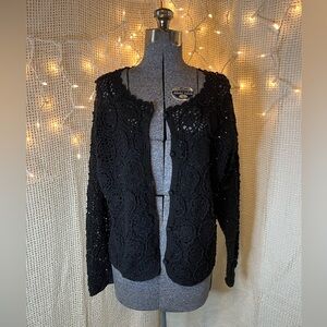 Vtg Moda Intl Black Crochet Open Knit Floral Cardigan, Medium, Witchy Goth